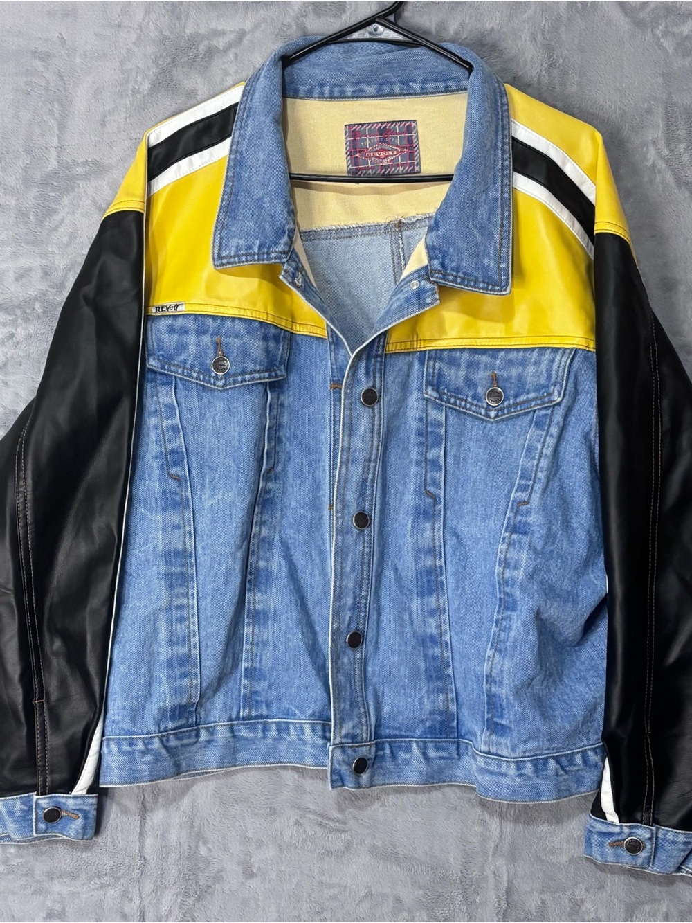 VTG 90s Revolt Colorblock Denim Jacket Unisex Mens XL Womens 2X Retro Hip Hop